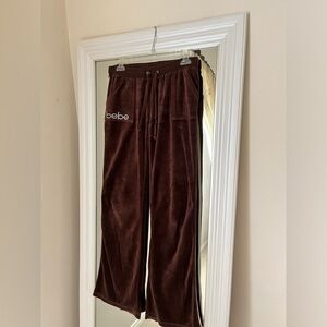 Brown velour Bebe track pants with velcro pockets